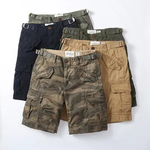 Short cargo vintage en coton pour hommes en camouflage et couleurs unies à poches multiples