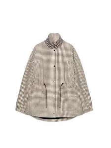 Veste à carreaux vintage pour femmes avec col montant et cordon à la taille