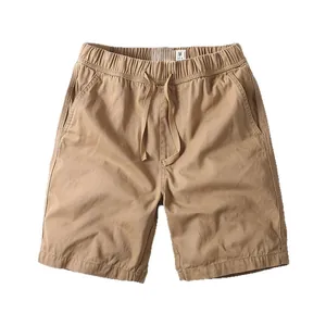 Men's American retro cotton cargo shorts in khaki with drawstring waist.