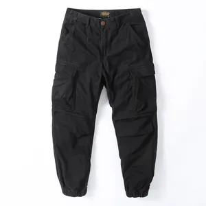 Retro black men's cargo jogger pants with loose fit and functional multi-pockets cotton twill
