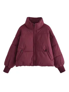 Women's stylish burgundy loose-fit puffer jacket with stand collar and zip pockets