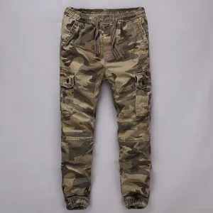 Men Vintage Camouflage Cargo Pants Cotton Washed Joggers Multi Pocket Elastic Waist Drawstring Tapered Cuffed Sports Bottom