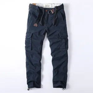 Pantalon cargo vintage en coton bleu marine pour hommes avec poches multiples et jambe droite