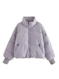 Loose-fit women's lavender puffer jacket with high collar and ribbed cuffs for winter