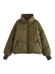 Women's olive green loose puffer jacket with high collar and ribbed cuffs for winter