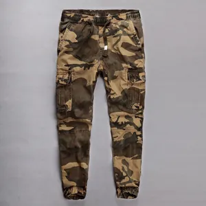 American style men's camouflage cotton cargo joggers with elastic waist and cuffs