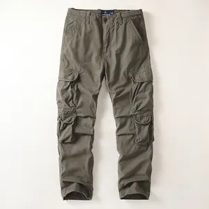 Men's retro cotton cargo pants with multi-pockets in straight leg olive green style