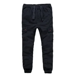 Men's cotton cargo joggers with elastic drawstring waist and tapered cuffs in dark blue.