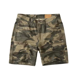 Men's vintage camouflage cargo shorts in slim fit cotton, front view on white background