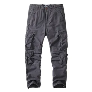 Vintage grey cotton multi-pocket cargo pants for men in a straight leg fit with white background