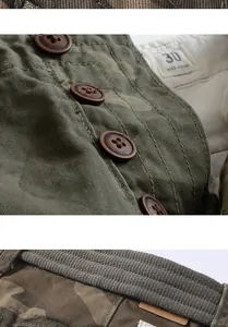 Detailaufnahme der robusten Knöpfe und des Camouflage-Stoffs dieser Cargo-Shorts