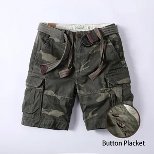 Men's loose fit camouflage cargo shorts with button fly and included woven belt