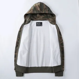 Men's casual camouflage cotton knit hoodie zip-up jacket shown in a clean flat lay view