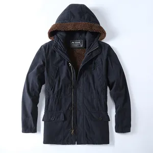 Veste Rembourrée Doublée en Polaire Vintage Américain pour Hommes Épaisse à Capuche Multi Poches Coton Hiver Mi-long Manteau Top
