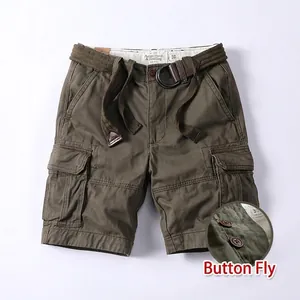 Men's casual cargo shorts with belt and button fly detail in olive green