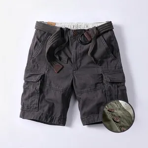 Stylish men's relaxed fit dark grey cargo shorts with a belt and button fly detail