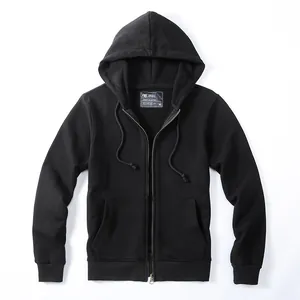 Classic men's black knit zip-up hoodie jacket with adjustable drawstring and front pockets