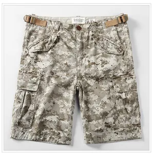 Detailed view of men's digital camouflage cargo shorts with multi-pocket design