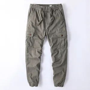 American retro cotton washed men's cargo jogger pants with elastic waist and pockets