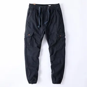 Classic men's navy blue vintage cargo jogger pants featuring an elastic drawstring waist