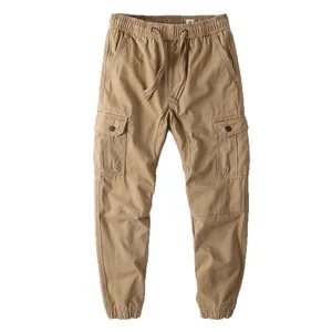 Men's American vintage khaki cargo pants with elastic waist and jogger cuffs