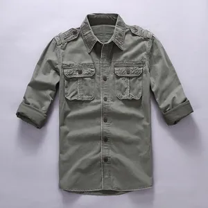 Vintage olive green cotton cargo shirt for men with double chest pockets and epaulettes