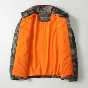 Warm men's camouflage puffer jacket featuring a vibrant orange lining for winter