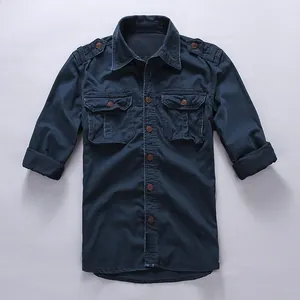American retro men's slim fit cotton cargo shirt in navy blue with chest pockets
