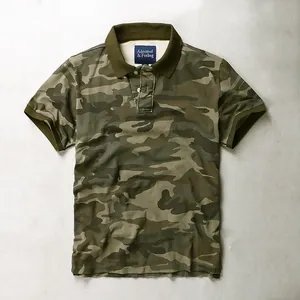 Men Casual Cotton Polo Shirt Camouflage Printed Short Sleeve Lapel Top Summer Breathable Washed Loose Polo Shirt For Outdoor