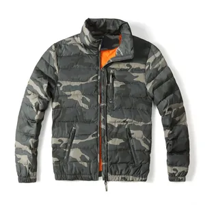 Men's winter camouflage puffer jacket with bright orange lining and stand collar detail