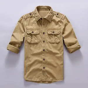 Vintage khaki cotton men's cargo shirt featuring epaulets and double chest pockets