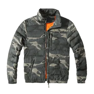 Men's quilted camouflage puffer jacket with bright orange lining and warm stand collar