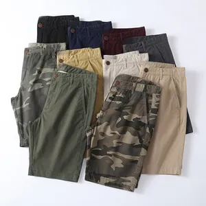 Various colors of men's retro cotton cargo shorts including camouflage and solids for summer