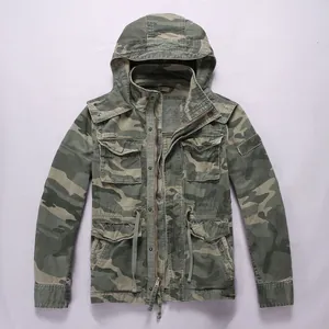 Men American Retro Camouflage Hooded Jacket Casual Workwear Multi Pocket Cotton Canvas Coat Outerwear For Men Autumn Top