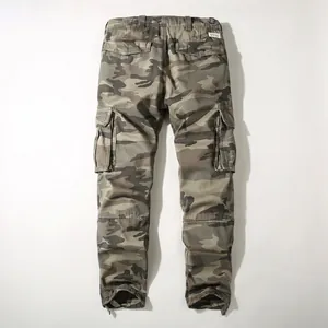 Back view of vintage American style camouflage cargo pants for men in a loose fit
