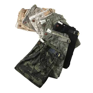 Men's cotton cargo shorts featuring diverse camouflage patterns and solid colors