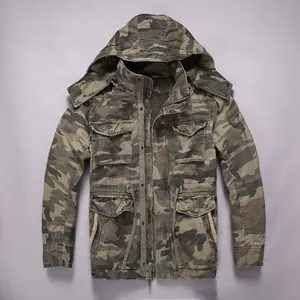 Vintage men's camouflage hooded workwear jacket featuring a functional multi-pocket design