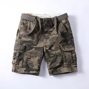 Men Vintage Cotton Camouflage Cargo Shorts With Belt Multi Pockets Casual Loose Straight Work Bottom Army Green Khaki Black