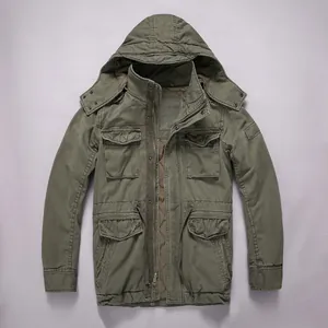 Vintage men's olive green hooded tactical jacket with multiple pockets for workwear style