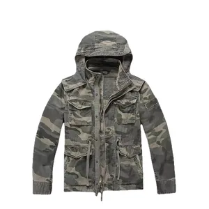 Vintage men's camouflage hooded utility jacket with multi-pockets and long sleeves.