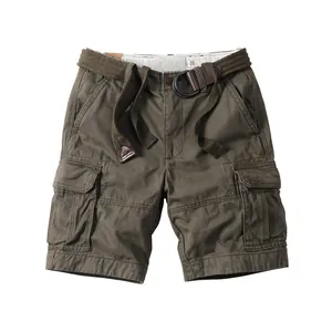 Premium men's retro cotton cargo shorts in olive green featuring a matching canvas belt