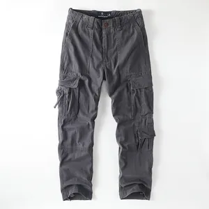 Men's vintage charcoal grey cotton cargo pants featuring multiple utility pockets and straight leg