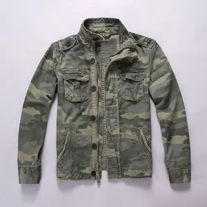 Chaqueta Utilitaria de Camuflaje Retro Americano para Hombre Cuello Alto Multibolsillos Algodón Cremallera Ropa de Abrigo Casual Ajustada Chaqueta Militar
