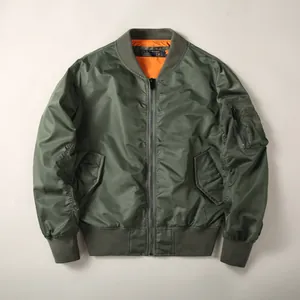 Classic American vintage olive green bomber jacket for men featuring orange lining