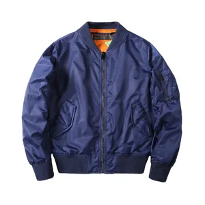 Men's American retro navy blue bomber jacket with orange lining and windproof collar.