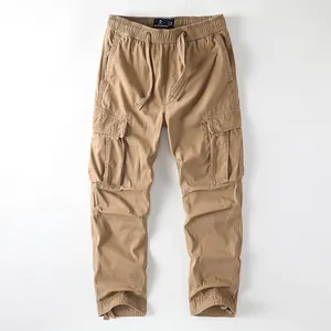 Classic men's American retro khaki cargo pants with multi-pockets and drawstring waist.