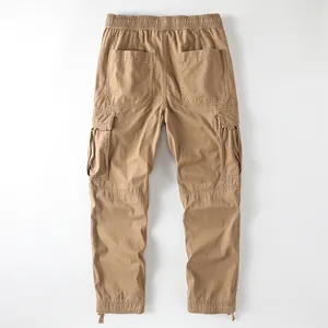 American retro khaki cargo pants with multiple pockets and drawstring hem back view