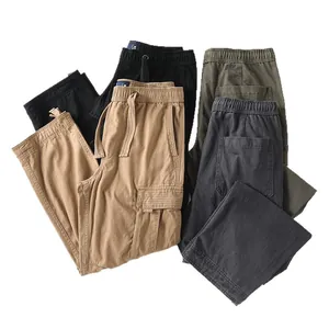 Casual multi-pocket men's vintage cargo pants set in khaki, black, and olive green