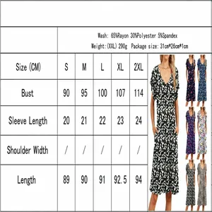 Floral V-neck short sleeve dress size chart with bust and length measurements in cm