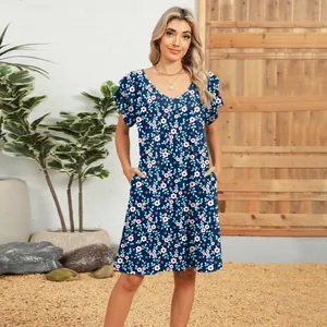 Summer V-neck floral print dress featuring double-layered ruffle sleeves and pockets